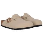 Girls Beige Flower Buckle Leather Clog, 1, hi-res