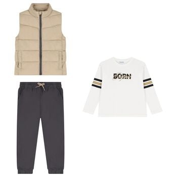 Boys White, Beige & Grey Tracksuit Set ( 3 Piece )