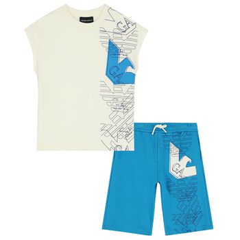 Boys Ivory & Blue Logo Shorts Set