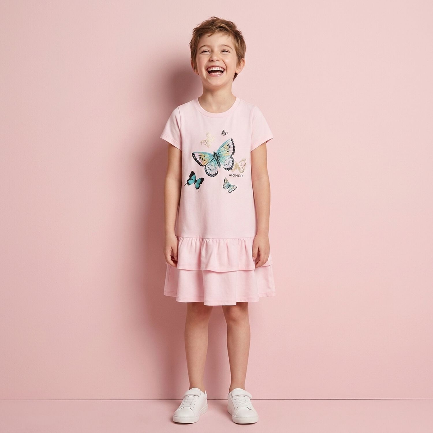 Girls Pink Butterflies Logo Dress, 3, hi-res