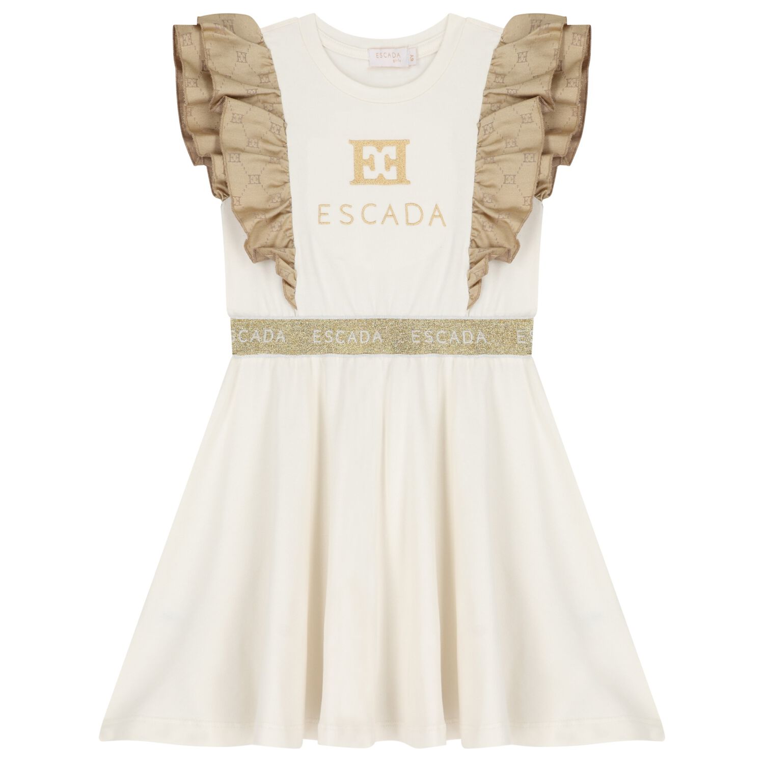 Girls Ivory & Gold Logo Ruffled Dress, 1, hi-res