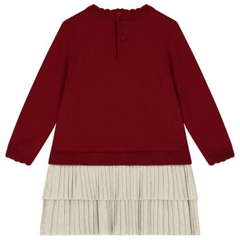 Younger Girls Red & Beige Knitted Reindeer Dress
