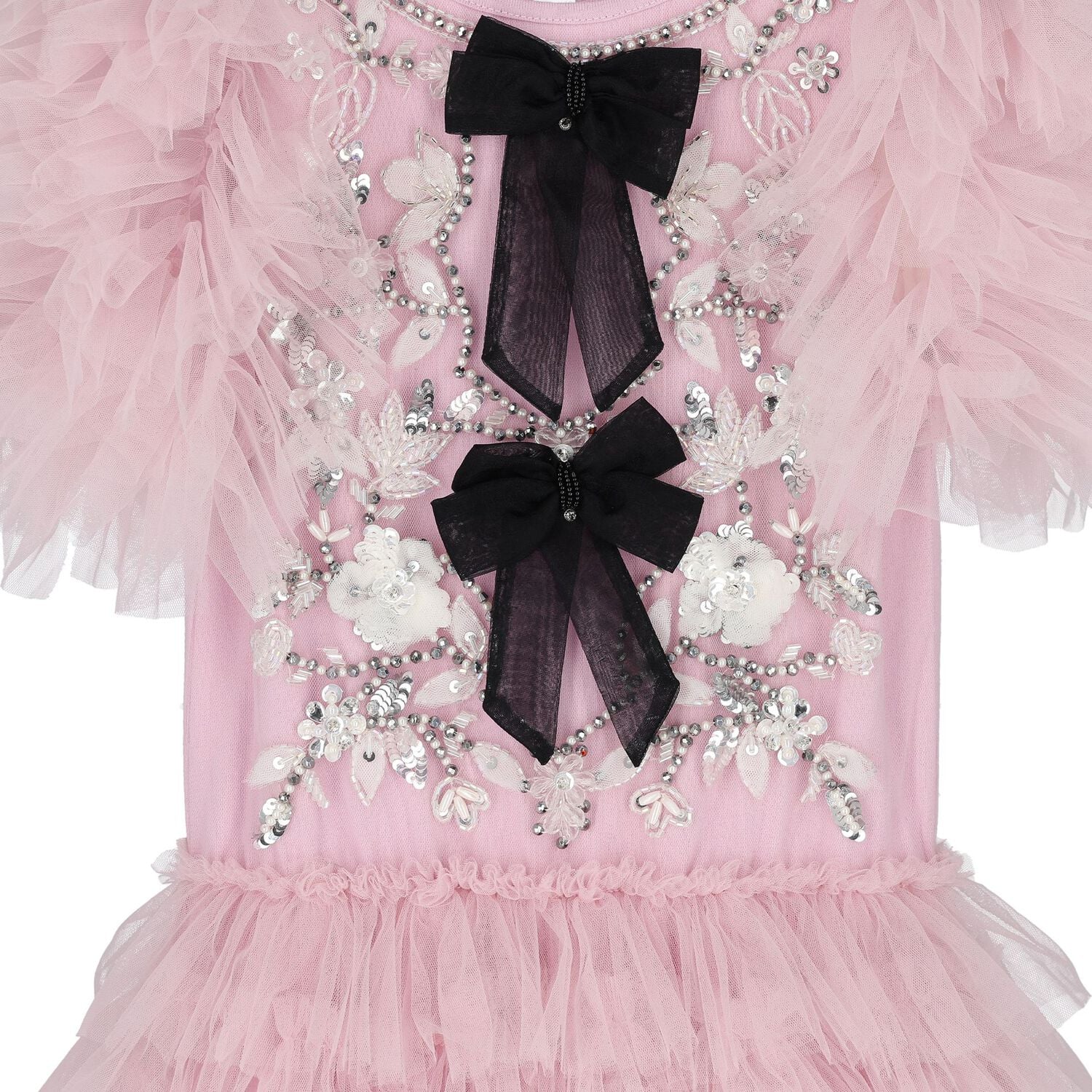 Girls Pink & Black Bow Tulle Dress, 1, hi-res