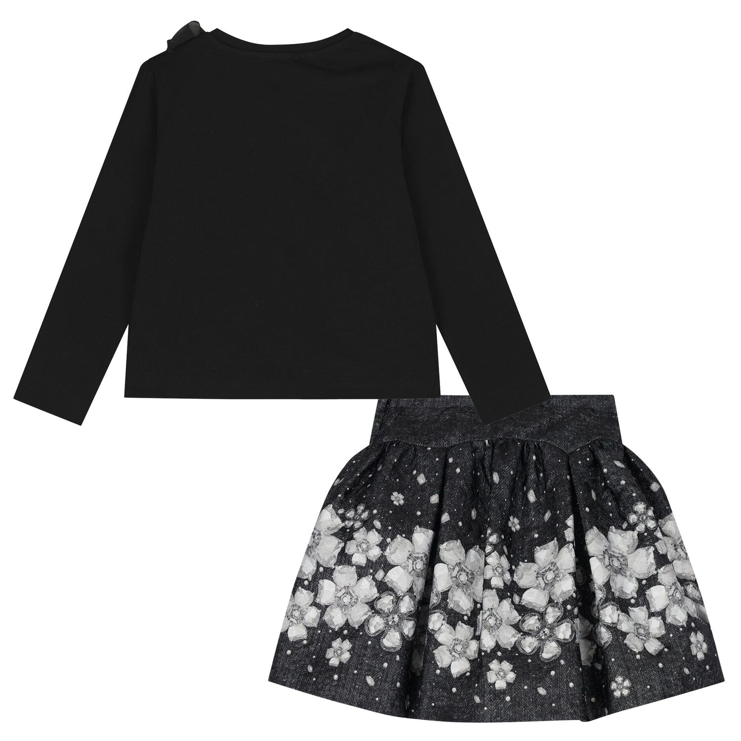 Girls Black Embellished Floral Skirt Set, 2, hi-res