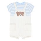 Baby Boys White & Blue Dungaree & Hat Set, 3, hi-res