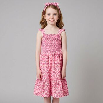 Girls Pink Floral Smocked Dress Set