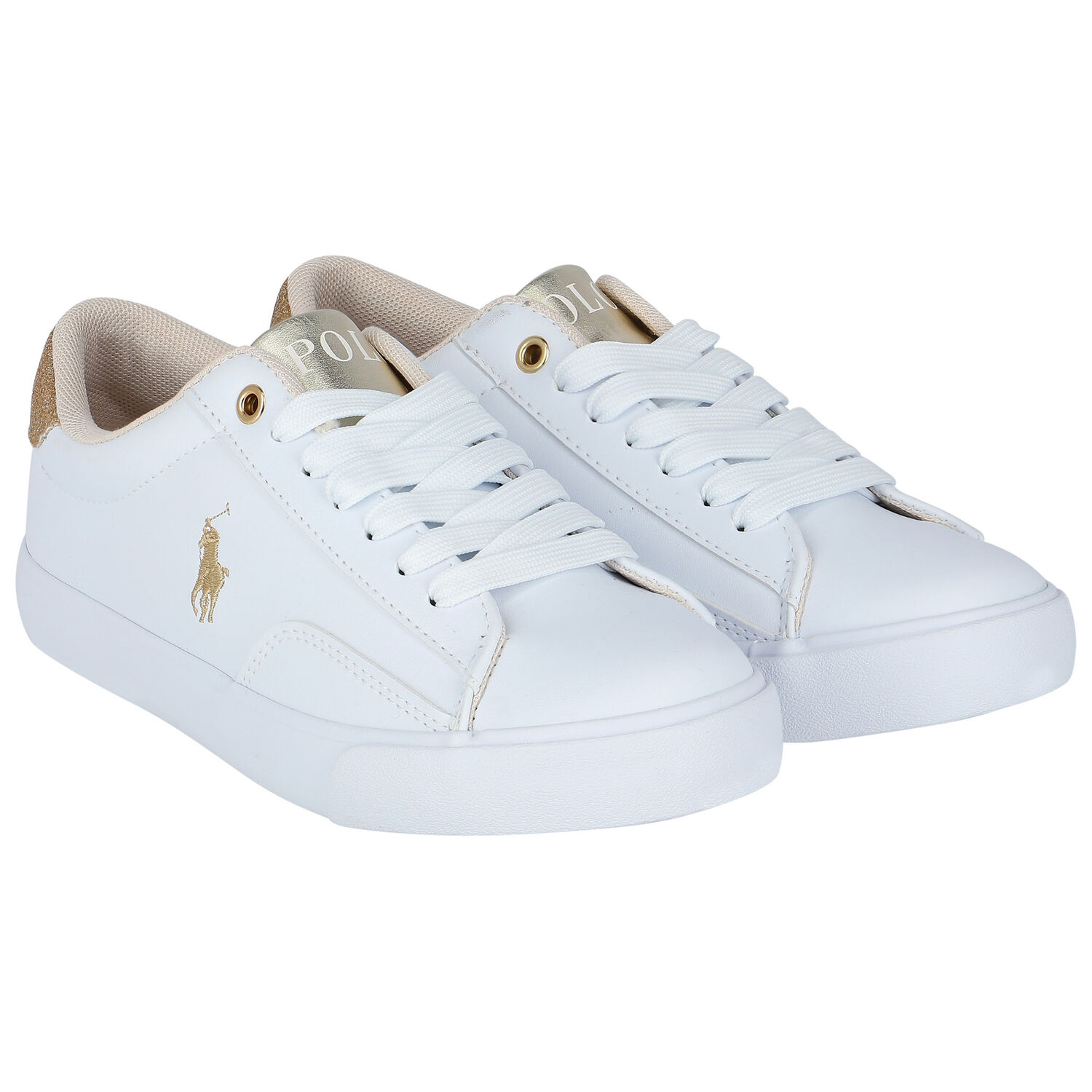 Girls White & Gold Logo Trainers, 1, hi-res
