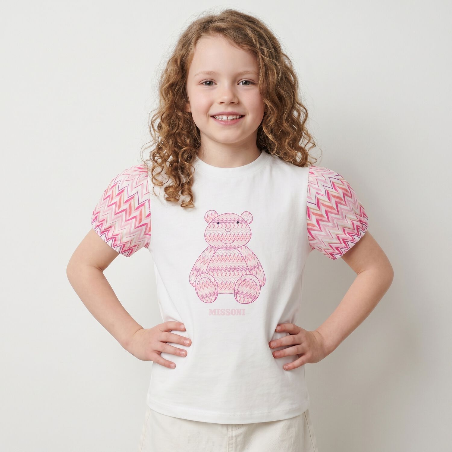 Younger Girls White & Pink Teddy Bear Zig Zag T-Shirt, 1, hi-res