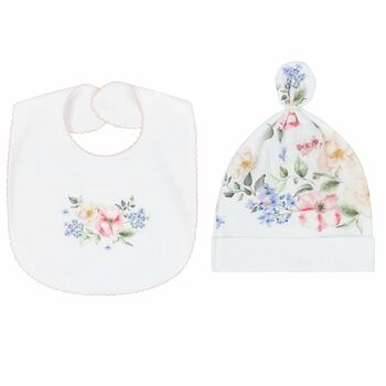 Baby Girls White Floral Hat & Bib Set