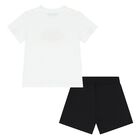 Younger Boys White & Black Logo Shorts Set, 1, hi-res
