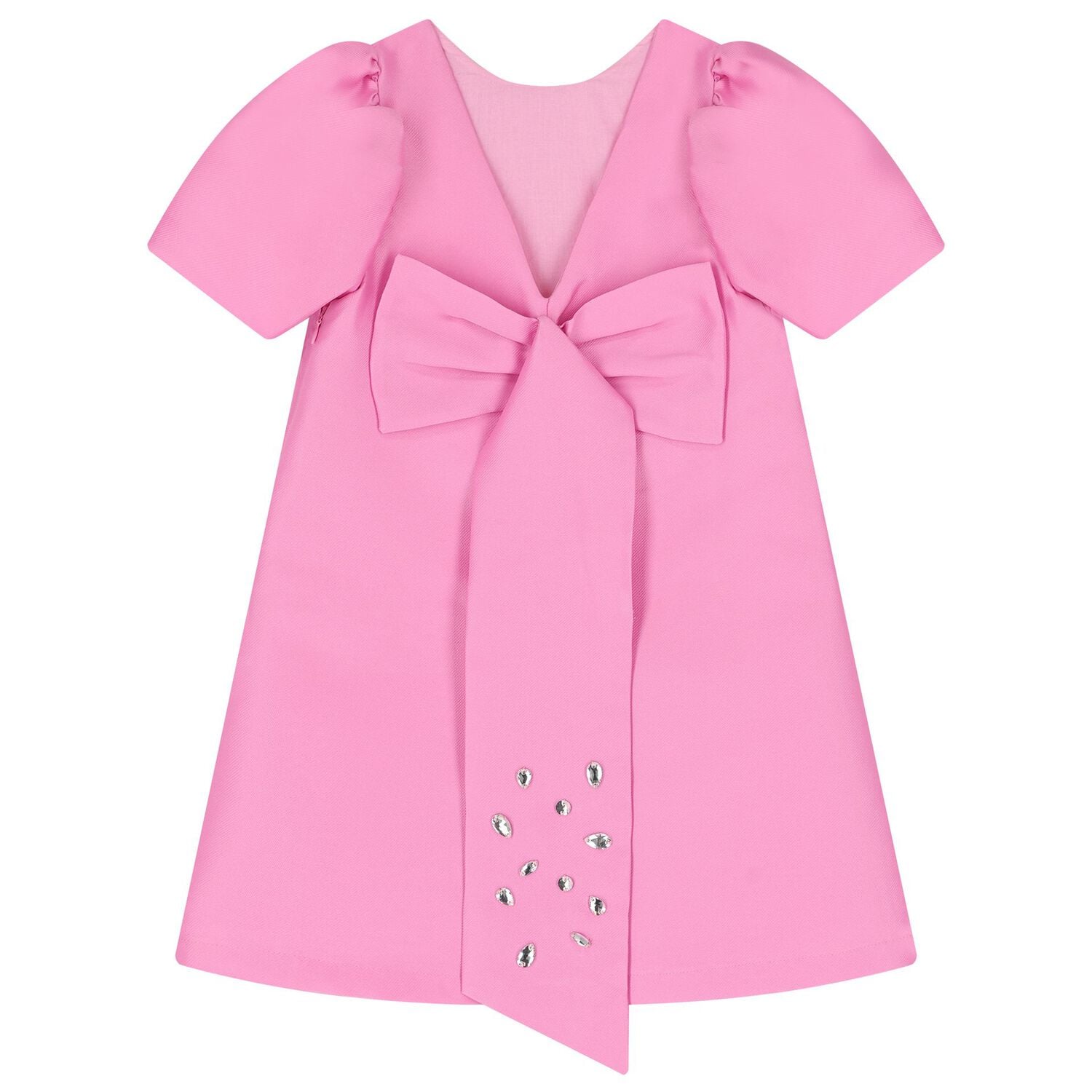 Girls Pink Bow Puff Sleeve Dress, 1, hi-res