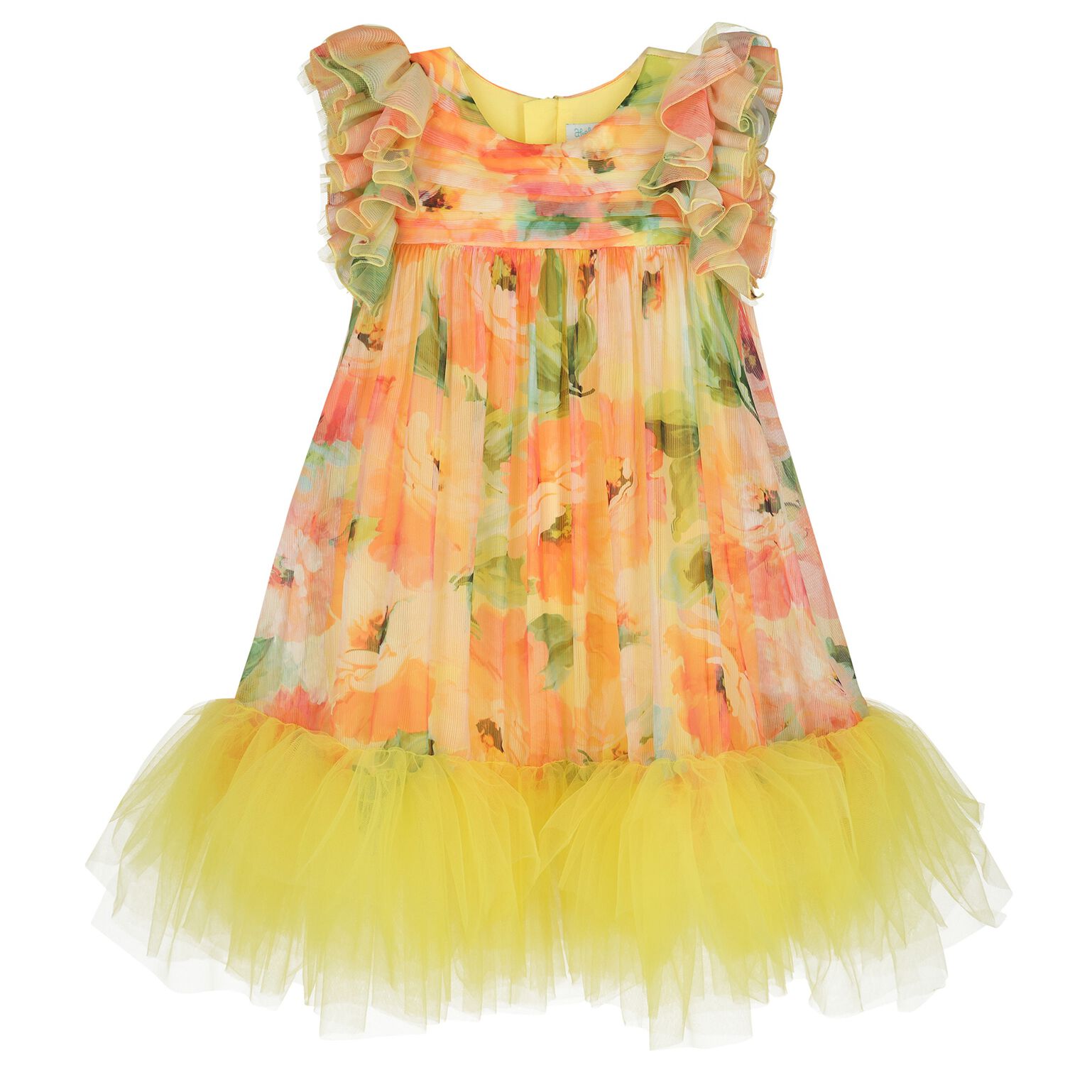 Girls Yellow & Orange Floral Tulle Dress, 1, hi-res