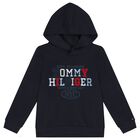 Boys Navy Blue Logo Hooded Top, 1, hi-res