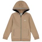 Boys Beige Logo Hooded Zip Up Top, 2, hi-res