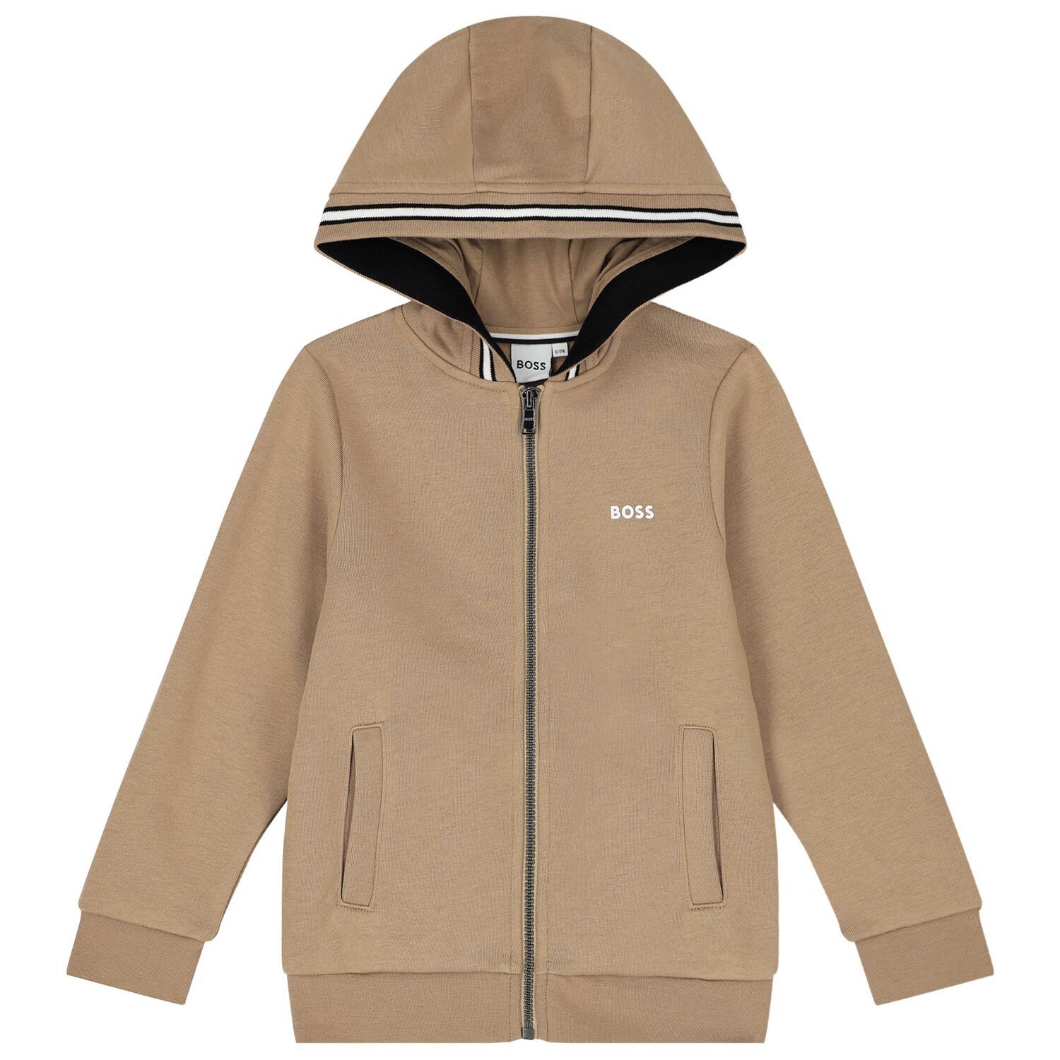 Boys Beige Logo Hooded Zip Up Top, 2, hi-res image number null