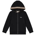 Boys Black Logo Hooded Zip Up Top, 1, hi-res