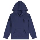 Boys Navy Blue Logo Hooded Top, 1, hi-res