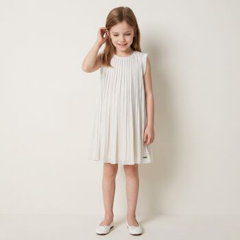 Girls Ivory Logo Pleated Dress