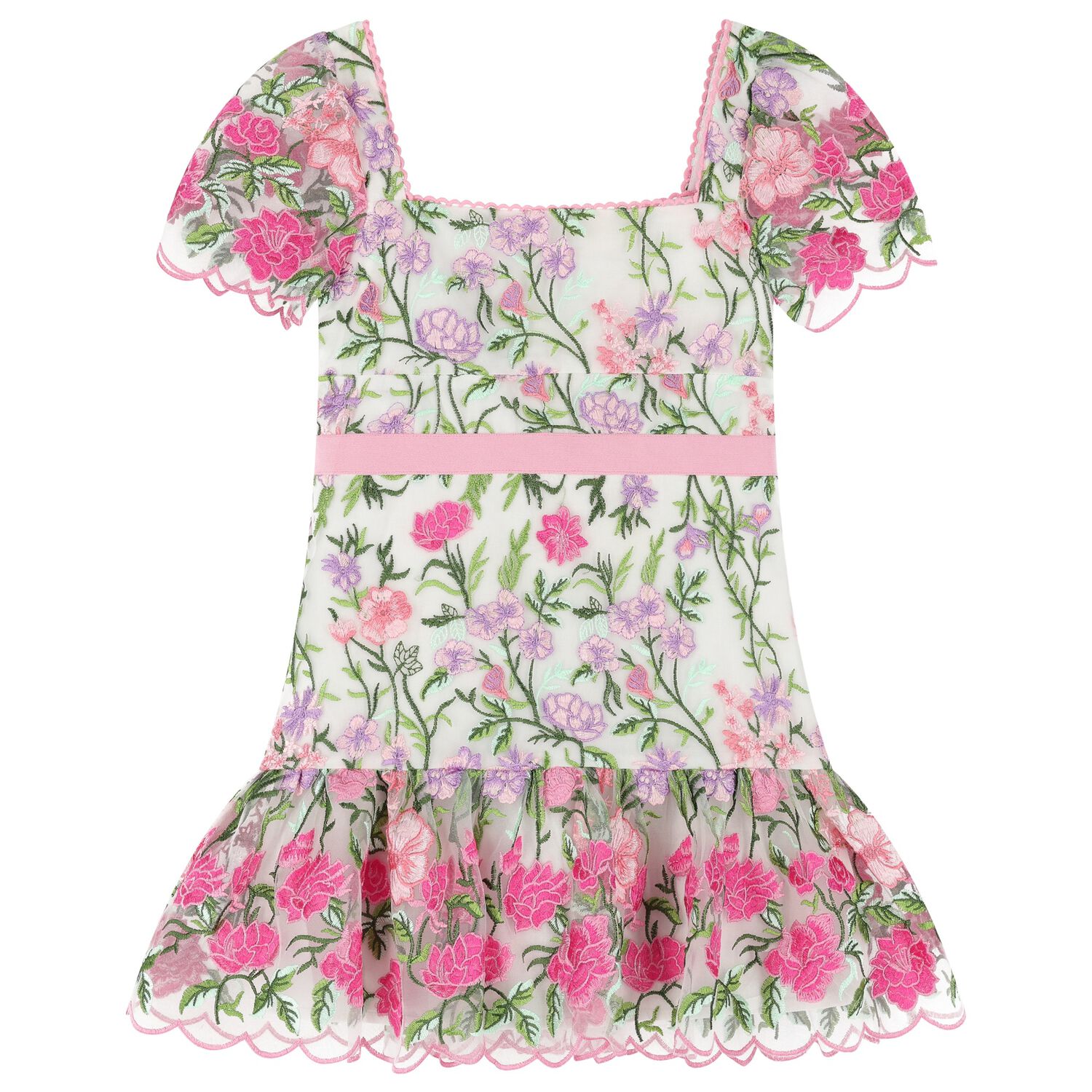 Girls White & Pink Embroidered Tulle Dress, 1, hi-res image number null