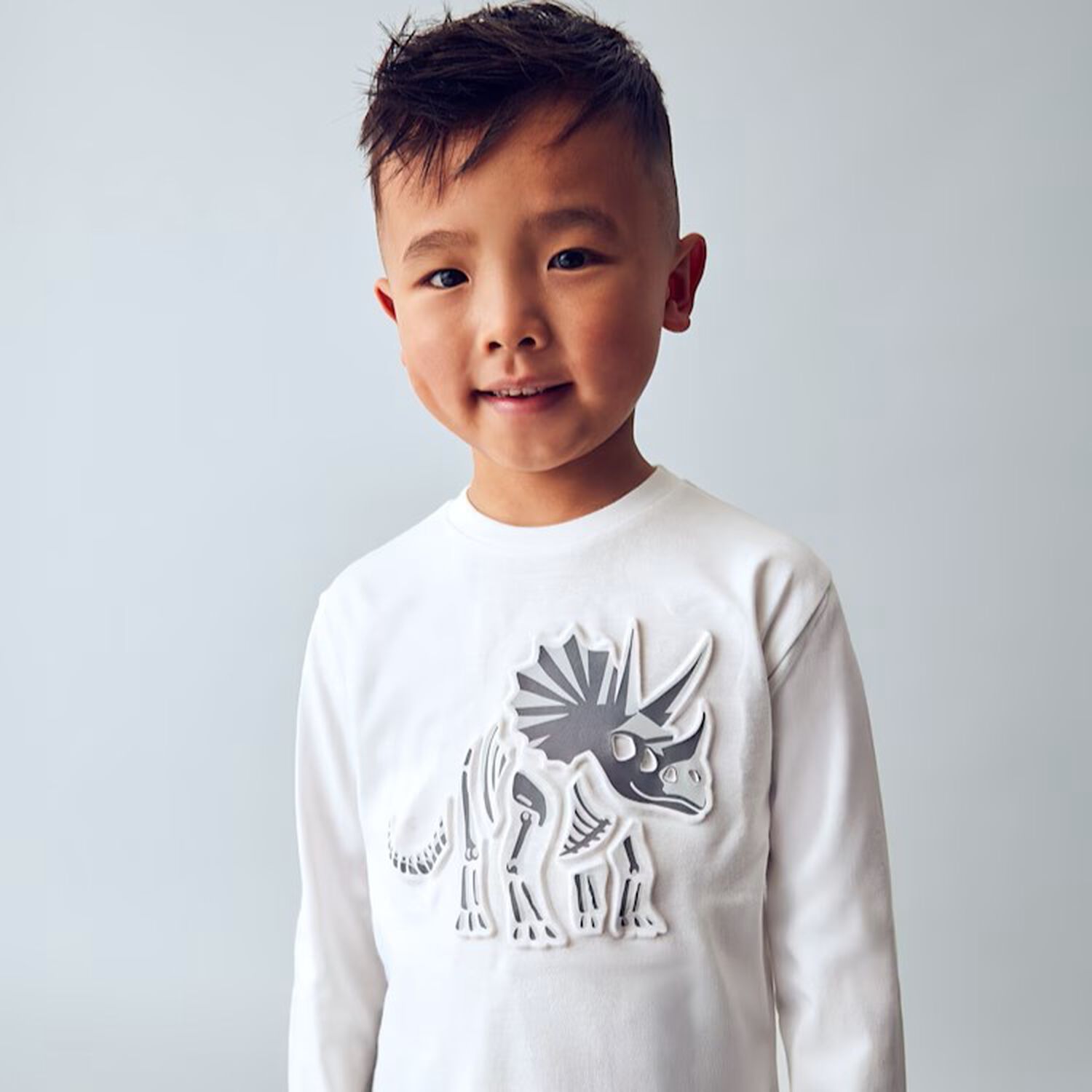 Boys White Dinosaur Long Sleeve Top, 1, hi-res