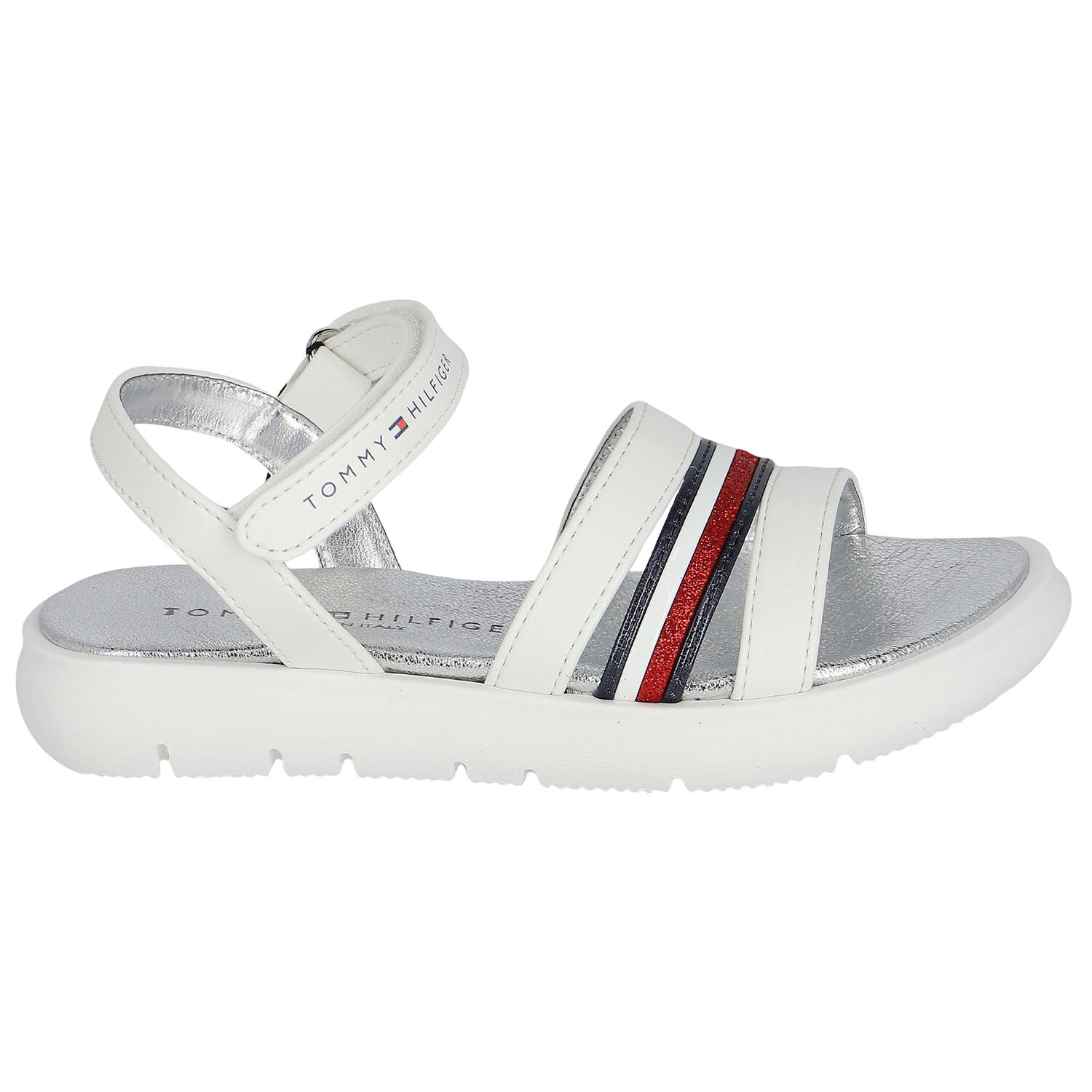 Girls White Stripe Logo Sandals, 1, hi-res