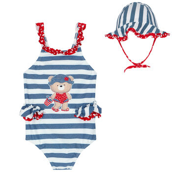 Baby Girls Blue & White Swimsuit & Hat Set