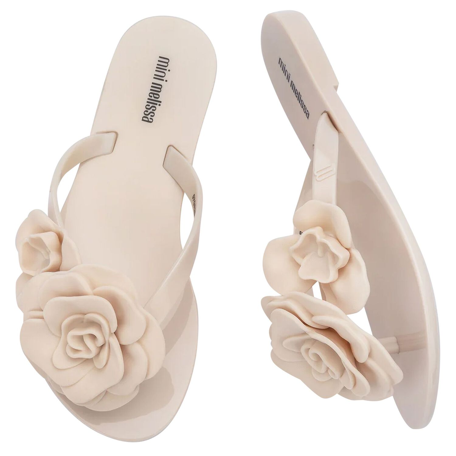 Girls Beige Logo Flower Flip Flops, 1, hi-res