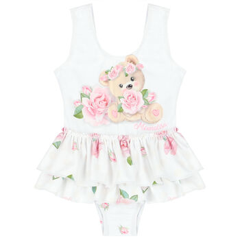 Younger Girls White & Pink Roses & Bear Swimsuit