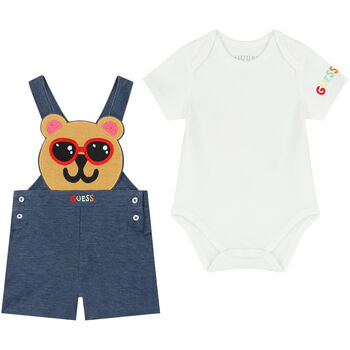 White & Blue Teddy Bear Dungaree Set