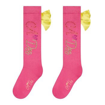 Girls Pink & Yellow Satin Bow Socks