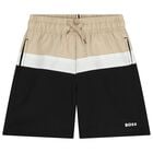 Boys Beige & Black Logo Swim Shorts, 1, hi-res