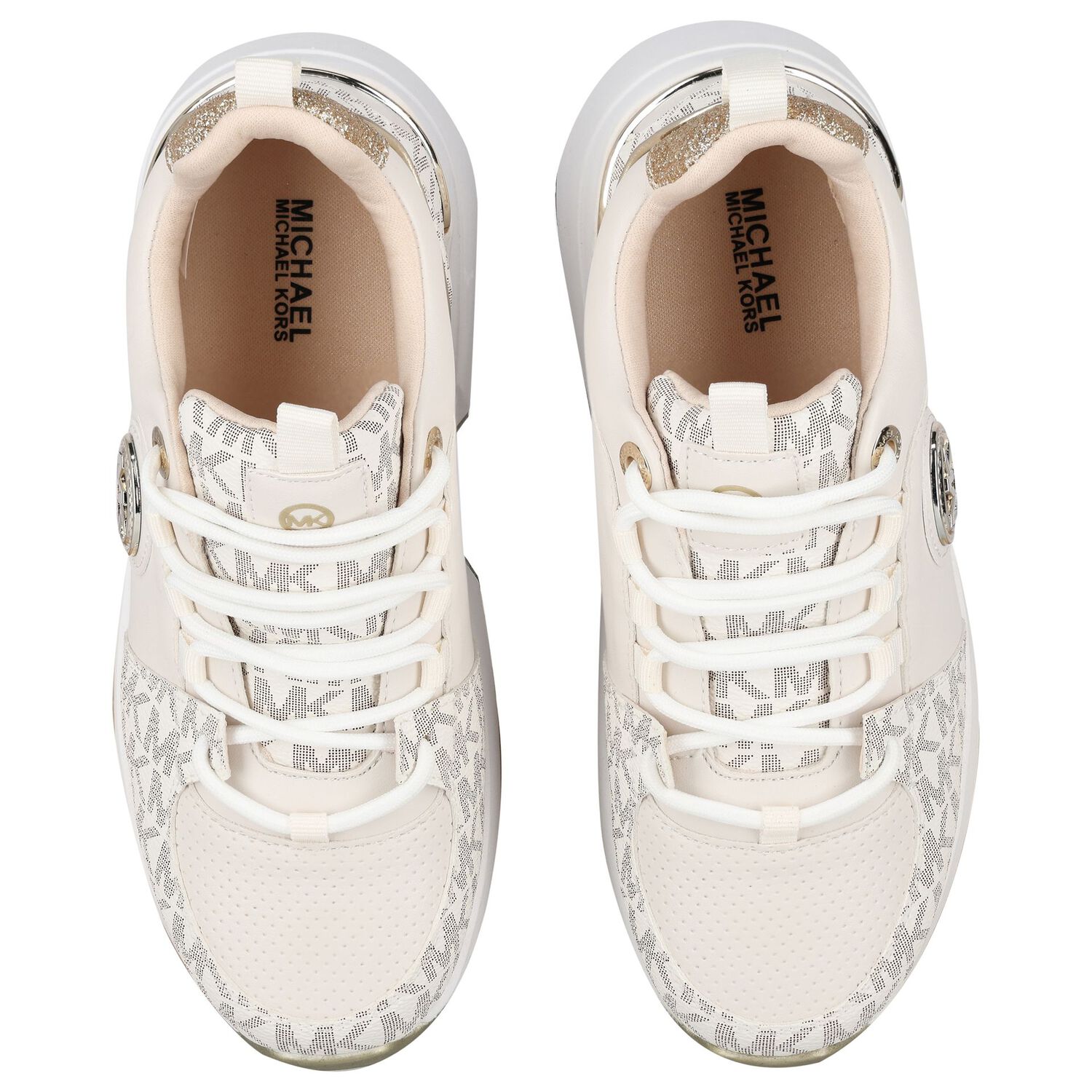 Girls Ivory & Gold Logo Trainers, 1, hi-res