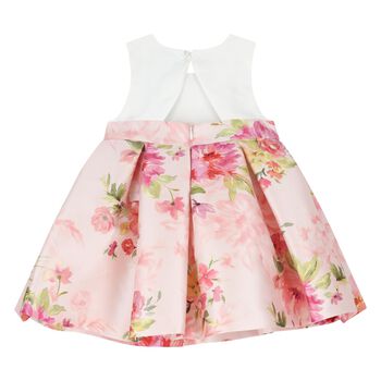 Younger Girls White & Pink Floral Satin Dress