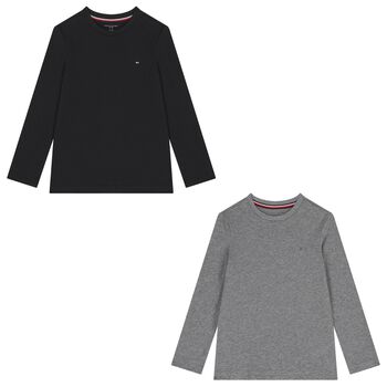 Boys Black & Grey Cotton Logo Long Sleeve Top( 2-Pack )