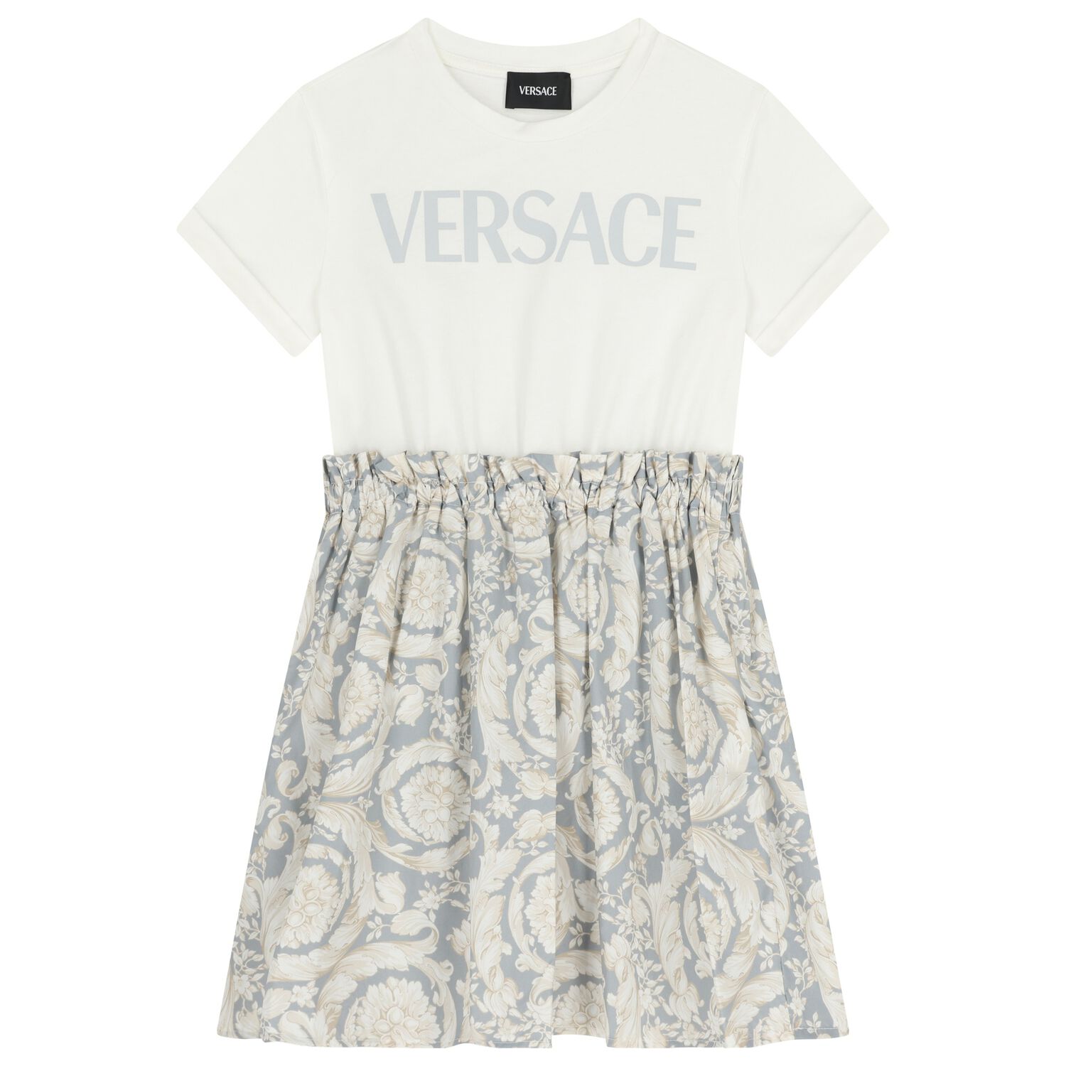 Girls White & Grey Logo Barocco Dress, 1, hi-res