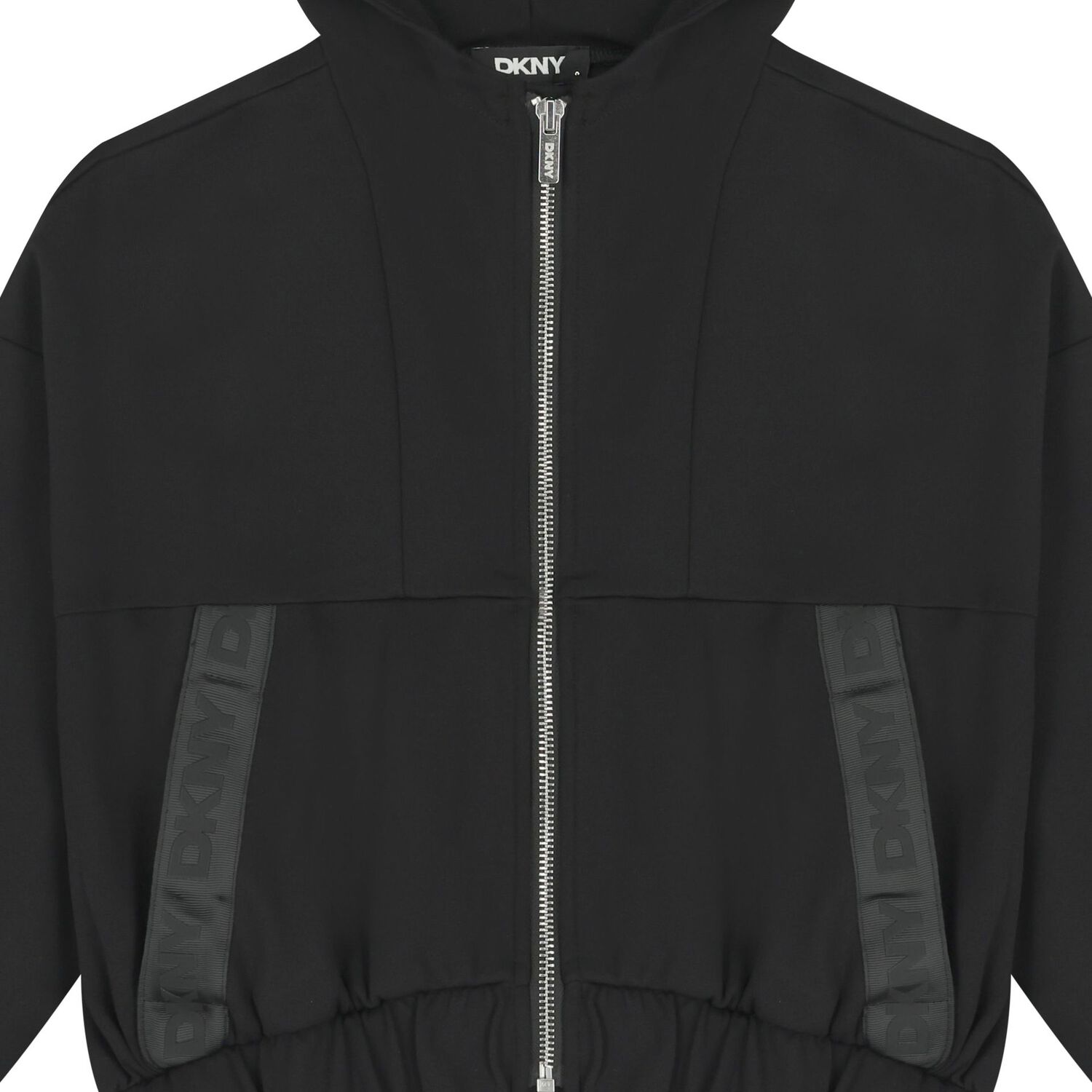 Girls Black Logo Hooded Zip-Up Top, 1, hi-res