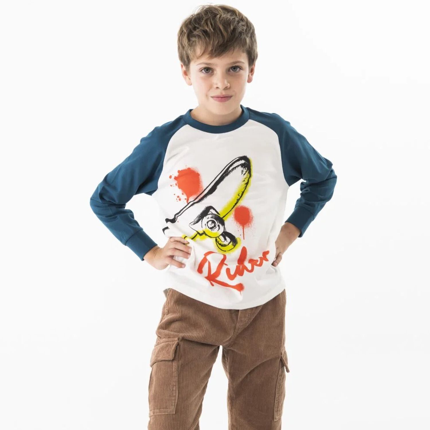 Boys Ivory & Blue Long Sleeve Top, 1, hi-res
