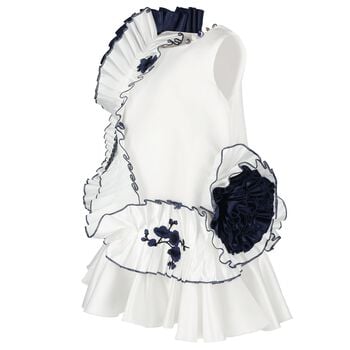 Girls White & Navy Blue Ruffle Dress