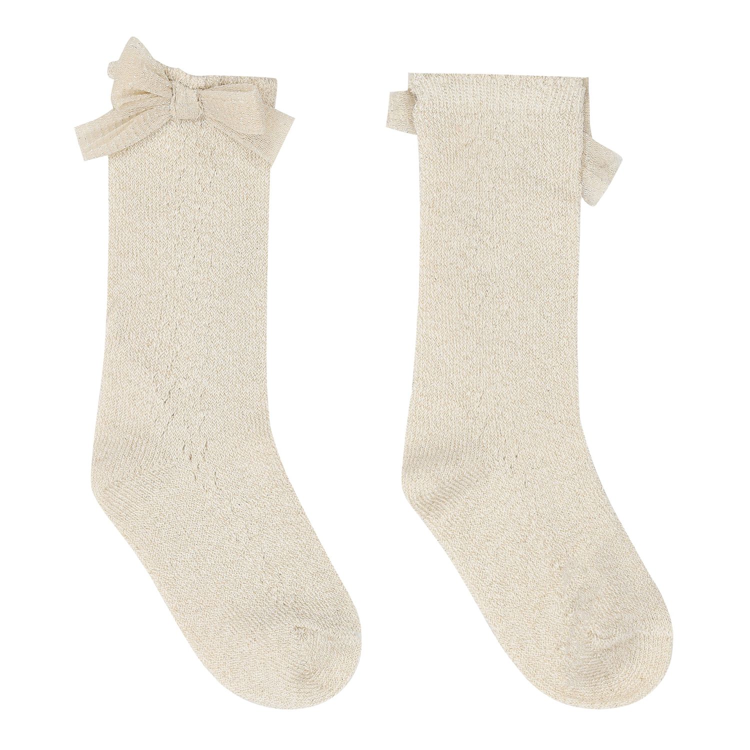 Baby Girls Beige & Gold Bow Socks, 1, hi-res