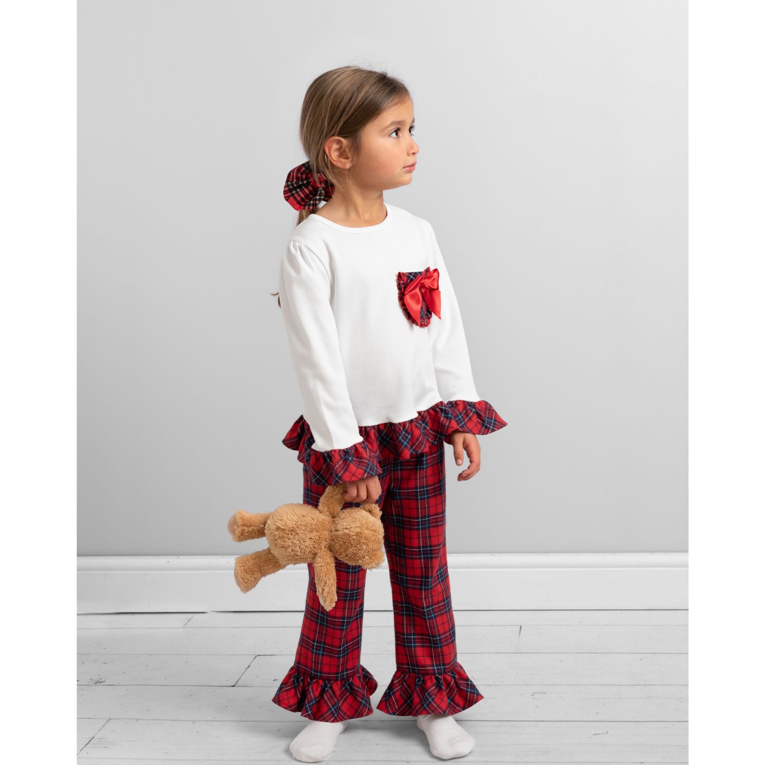 Girls White & Red Tartan Check Pyjamas, 1, hi-res image number null