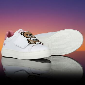 Girls White & Pink Teddy Bear Logo Trainers