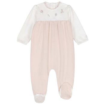 Baby Girls White & Beige Floral Babygrow