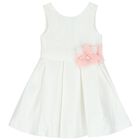 Girls White Flower Satin Dress, 1, hi-res