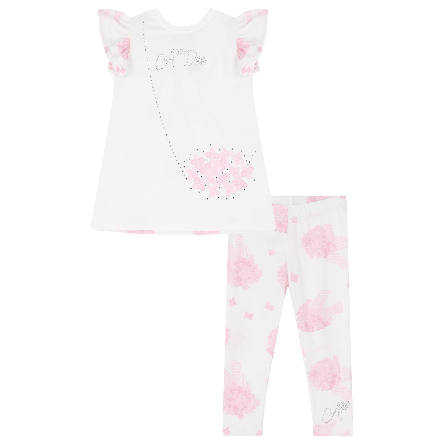 Girls White & Pink Floral Bag Print Leggings Set, 1, hi-res image number null