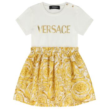 Younger Girls Ivory & Gold Logo Dress