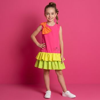 Girls Pink Bow & Diamante Logo Dress