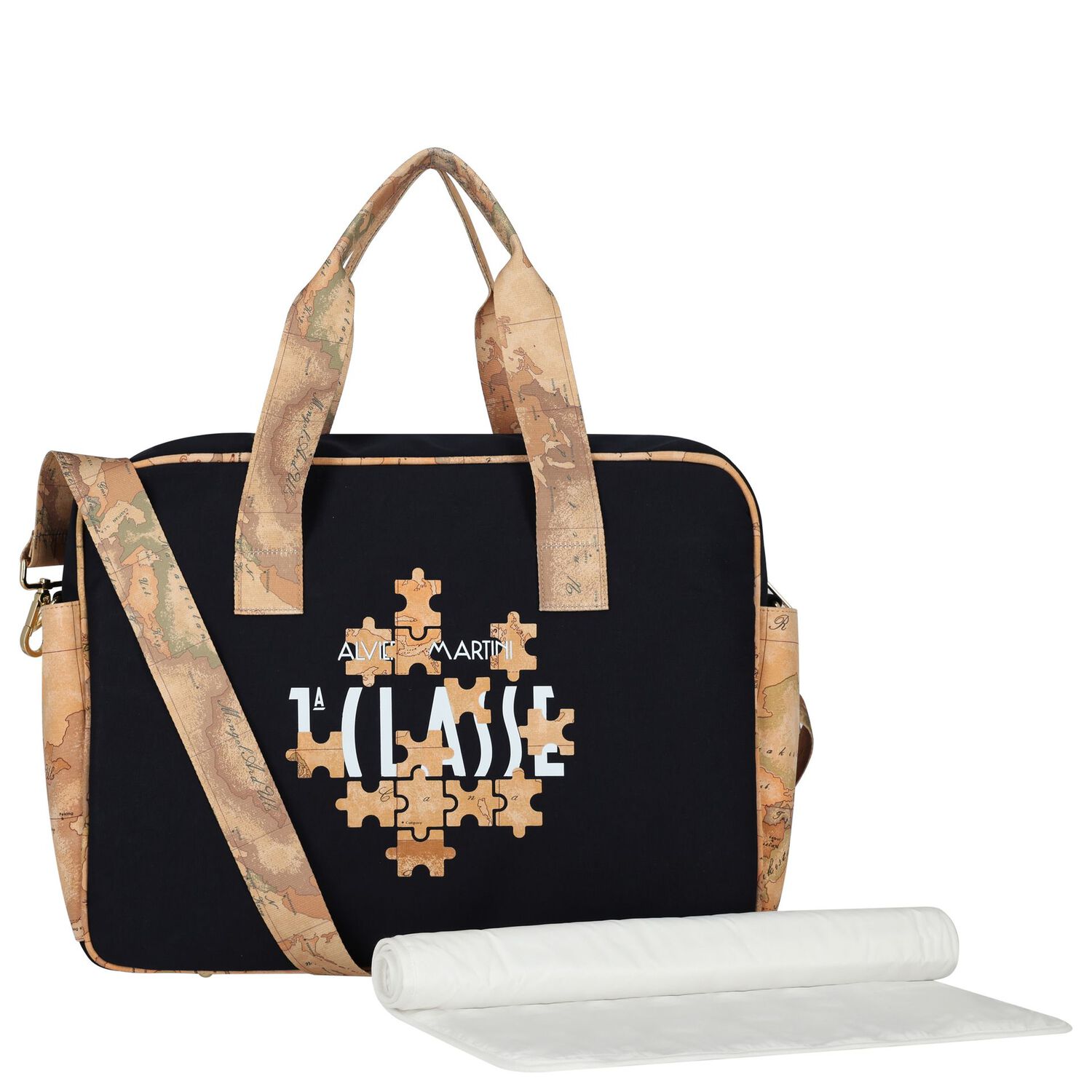 Navy Blue & Beige Geo Map Logo Baby Changing Bag, 1, hi-res