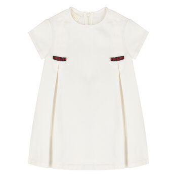 Younger Girls Ivory Web Stripe Bow Dress
