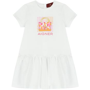 Younger Girls White Logo Bag Dress