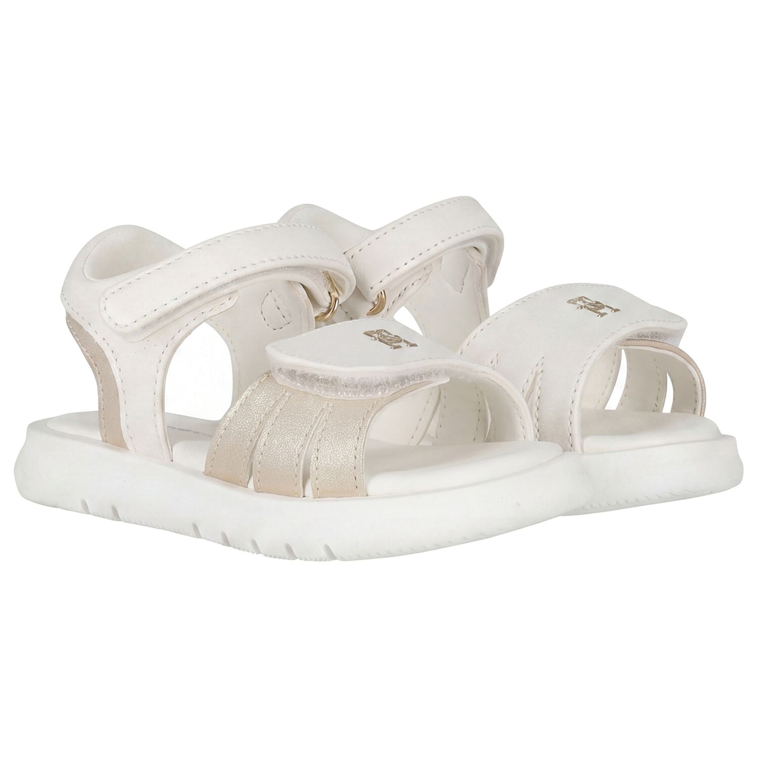 Girls White & Gold Logo Sandals, 2, hi-res